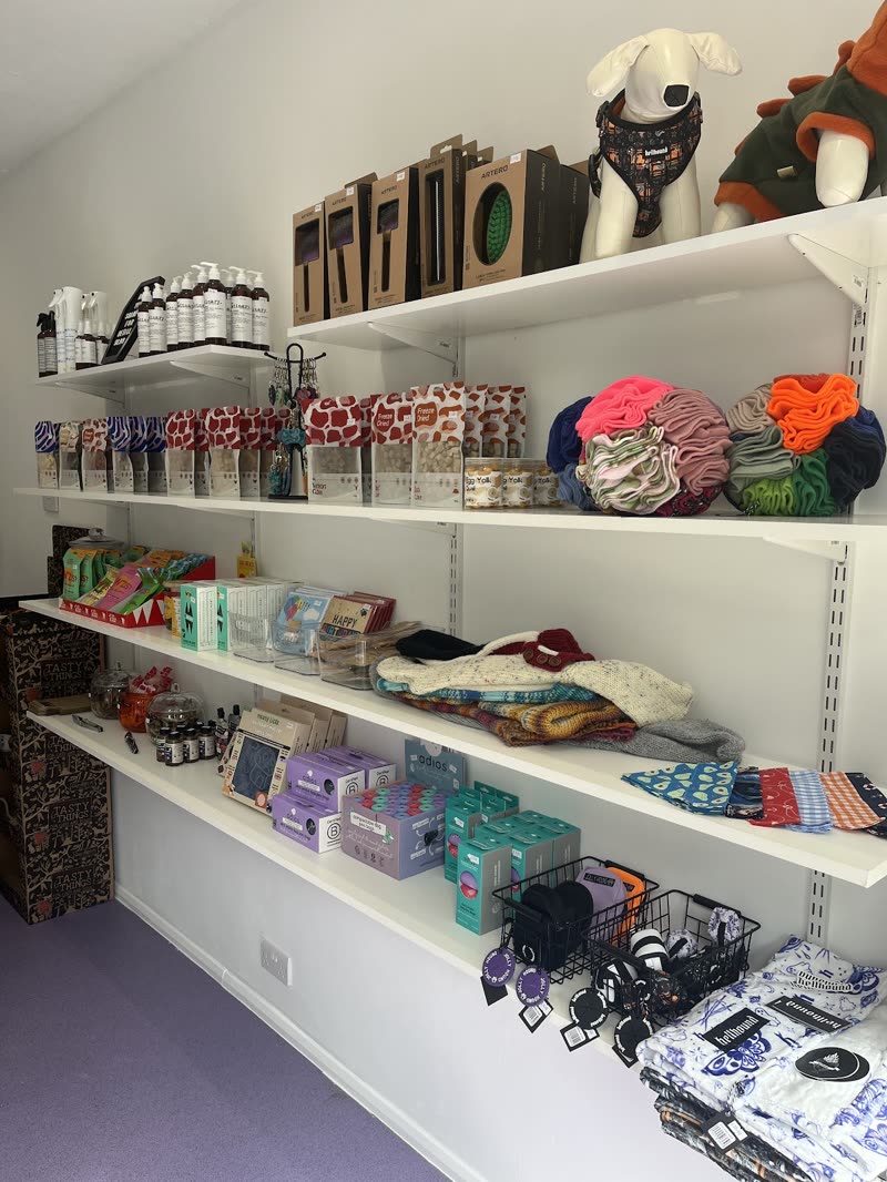 A corner of the Wish Hounds retail area: wall shelves of bandanas, bows, collars, leads and grooming products above a lilac floor